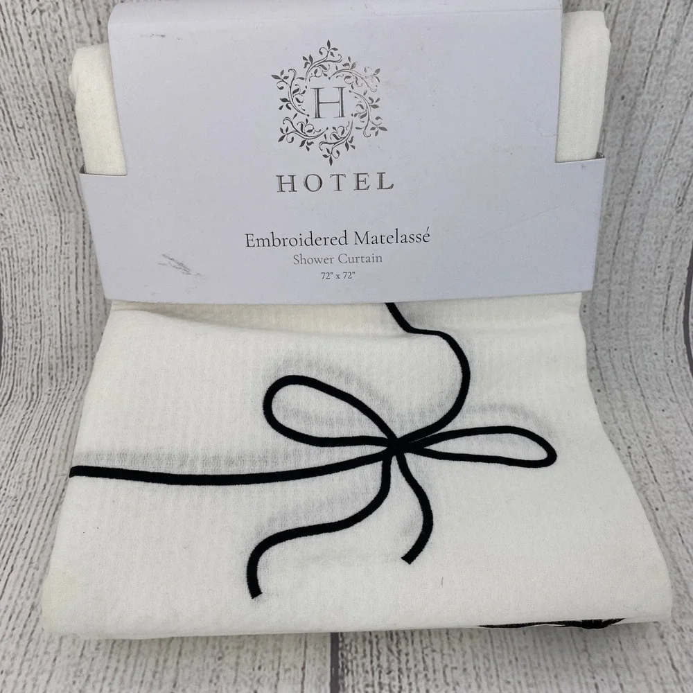 Hotel Shower Curtain White Black Embroidered Matelasse Bow Border Crisp Coquette